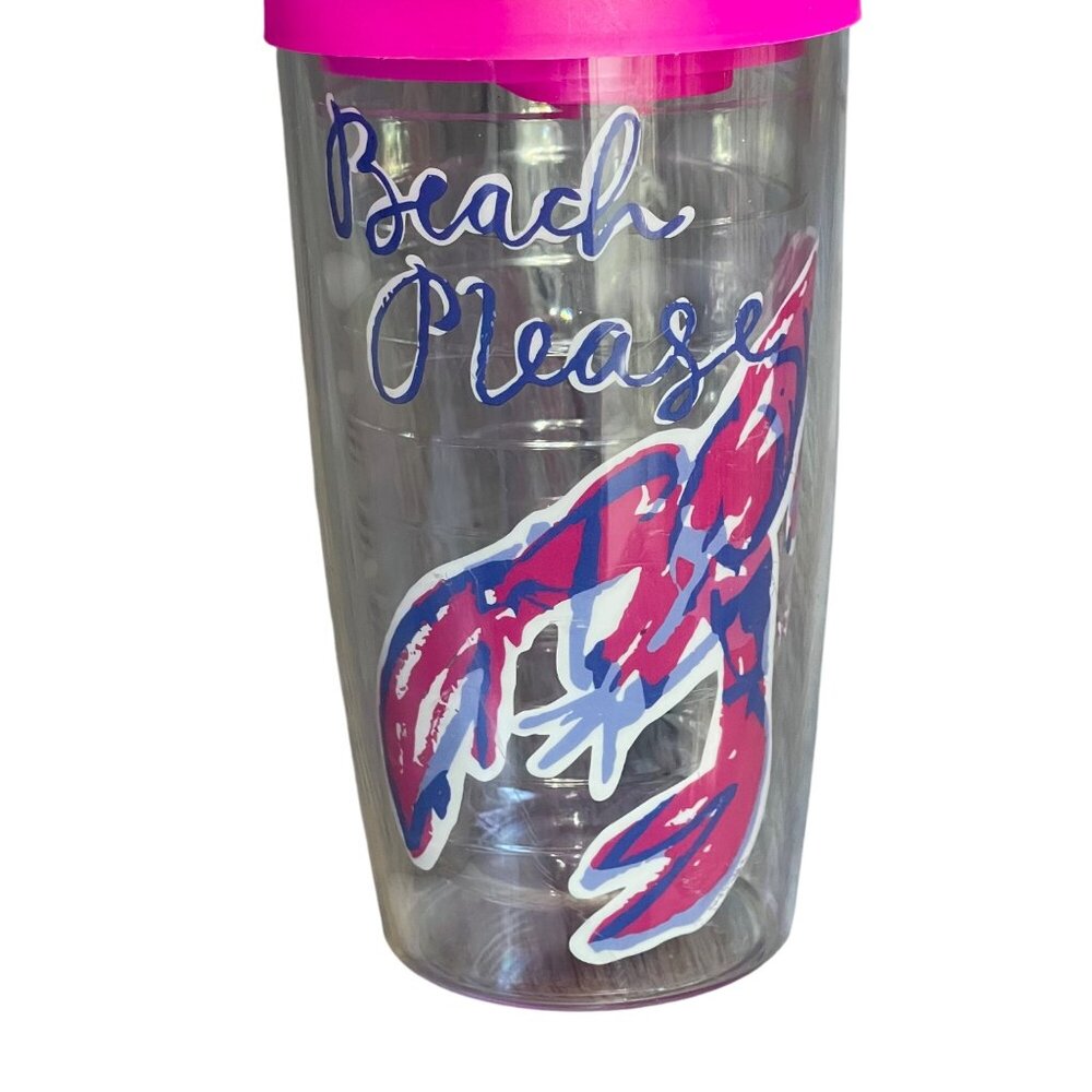 Lilly Pulitzer "Beach Please" Lobster Tumbler 16 oz. Pink Lid Blue, Clear Preppy